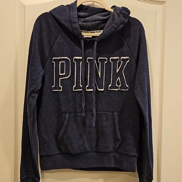 Victorias Secret PINK Hoodie Sweatshirt Pullover Womens Medium Blue and White - Picture 3 of 7